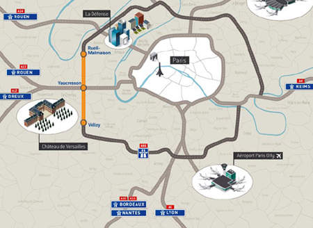 Le tracé complet du Duplex A86 apparaît en orange et termine la seconde boucle de Paris. Source : Cofiroute